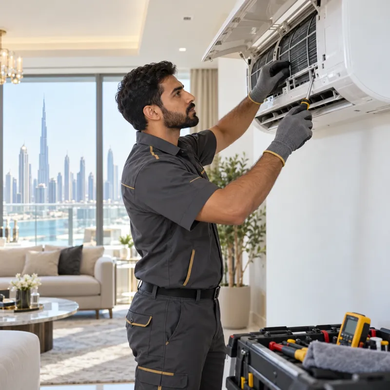 Technician servicing a wall-mounted air conditioner