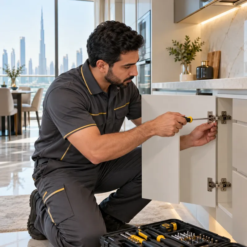 Technician adjusting a cabinet hinge